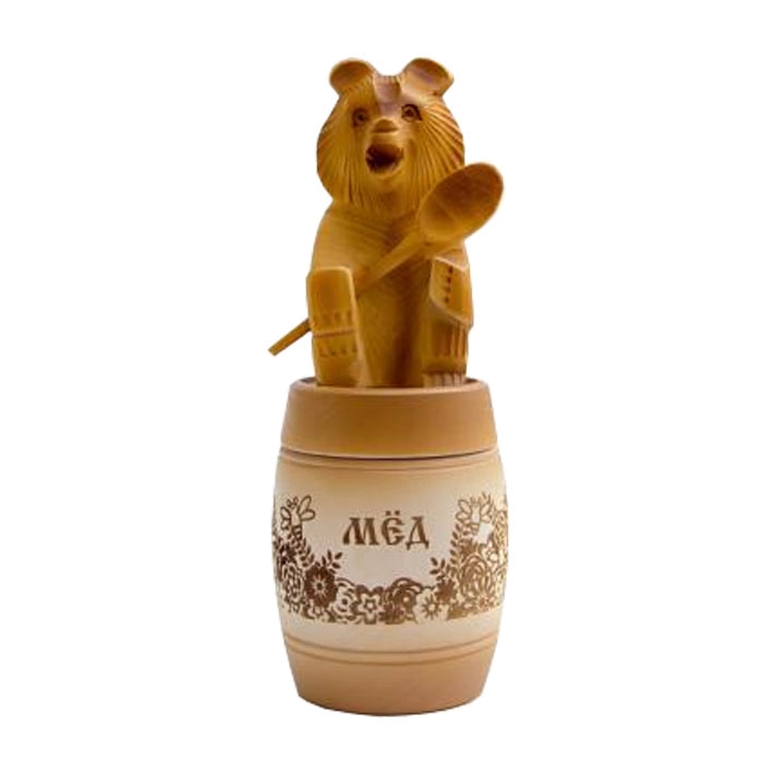 Бочонок с медведем на крышке, вырезанным вручную